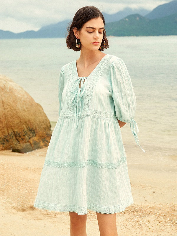 Lace Stitch Solid Open Back Tie-up At Cuffs Dress