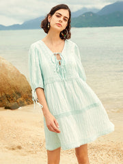 Lace Stitch Solid Open Back Tie-up At Cuffs Dress