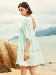 Lace Stitch Solid Open Back Tie-up At Cuffs Dress