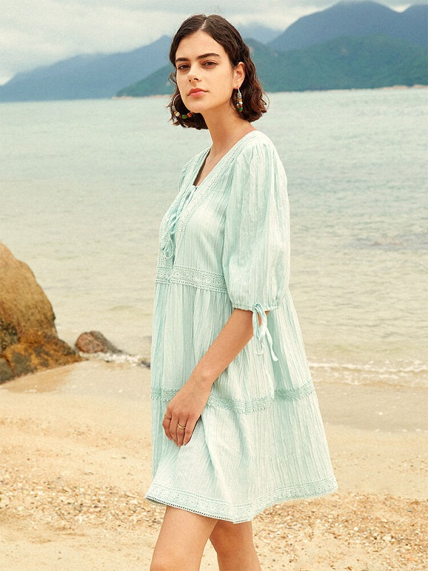 Lace Stitch Solid Open Back Tie-up At Cuffs Dress