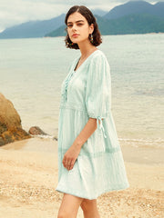 Lace Stitch Solid Open Back Tie-up At Cuffs Dress