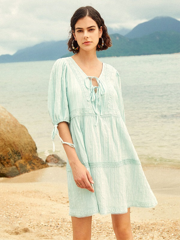 Lace Stitch Solid Open Back Tie-up At Cuffs Dress