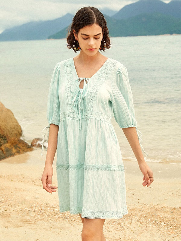Lace Stitch Solid Open Back Tie-up At Cuffs Dress