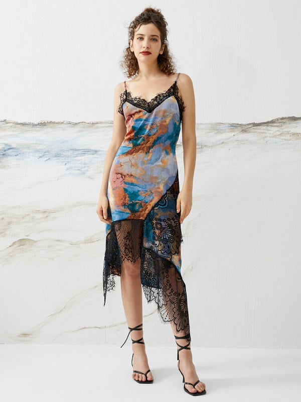 Lace Stitch Tie Dye Print Strap Irregular Hem Midi Dress