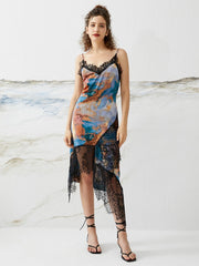 Lace Stitch Tie Dye Print Strap Irregular Hem Midi Dress