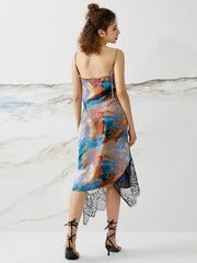 Lace Stitch Tie Dye Print Strap Irregular Hem Midi Dress