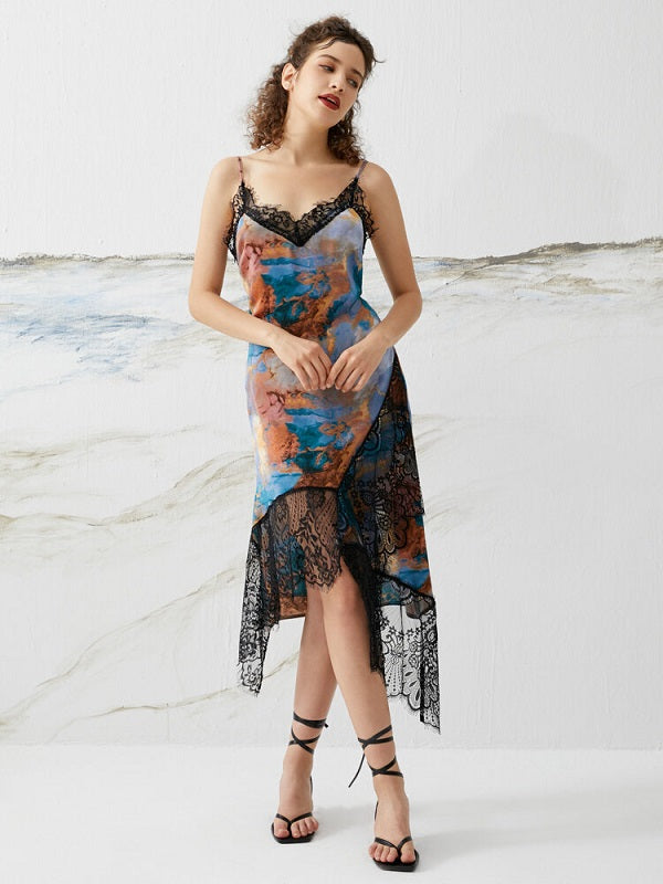 Lace Stitch Tie Dye Print Strap Irregular Hem Midi Dress