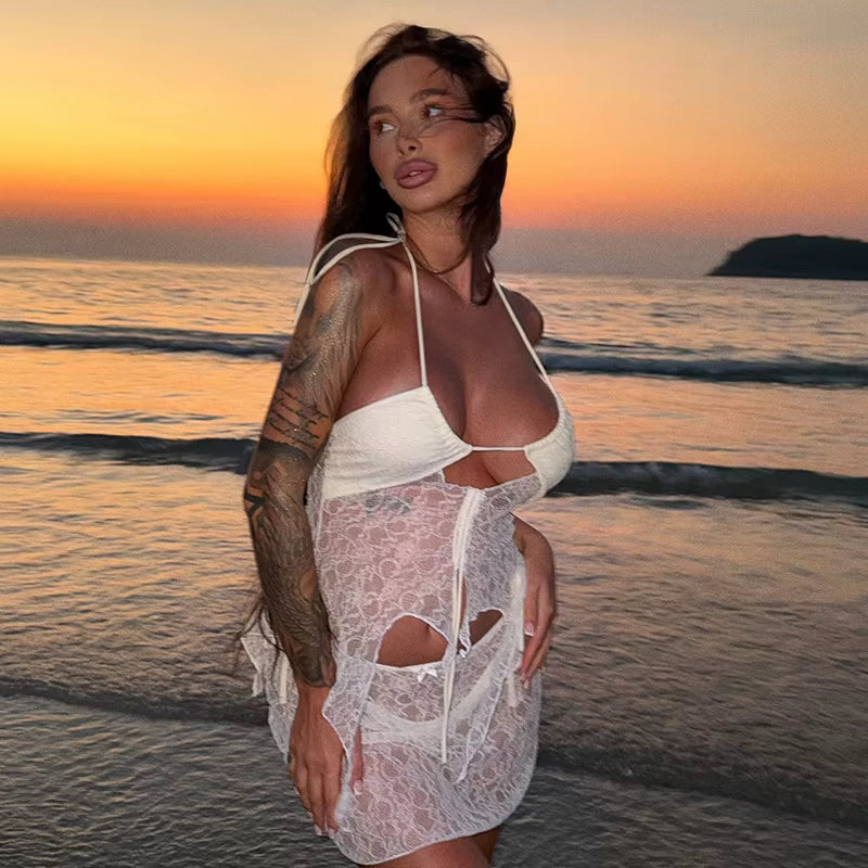 Lace Halter Hanging Neck Hollow Out Beach Holiday Mini Dress Two Piece Set