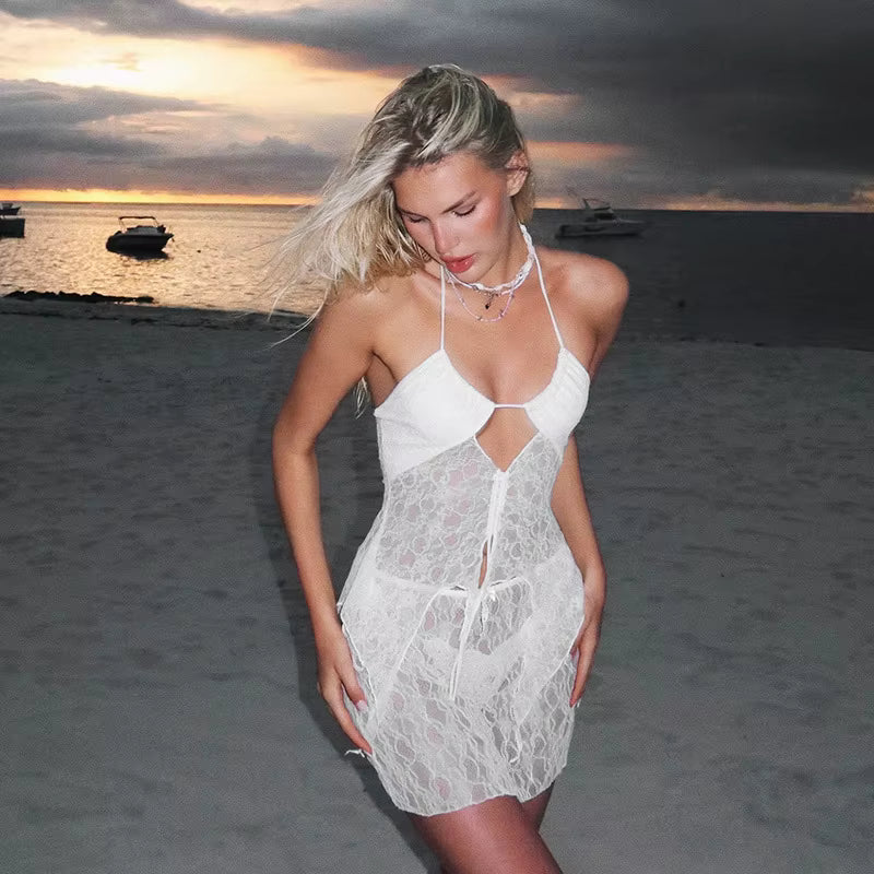 Lace Halter Hanging Neck Hollow Out Beach Holiday Mini Dress Two Piece Set