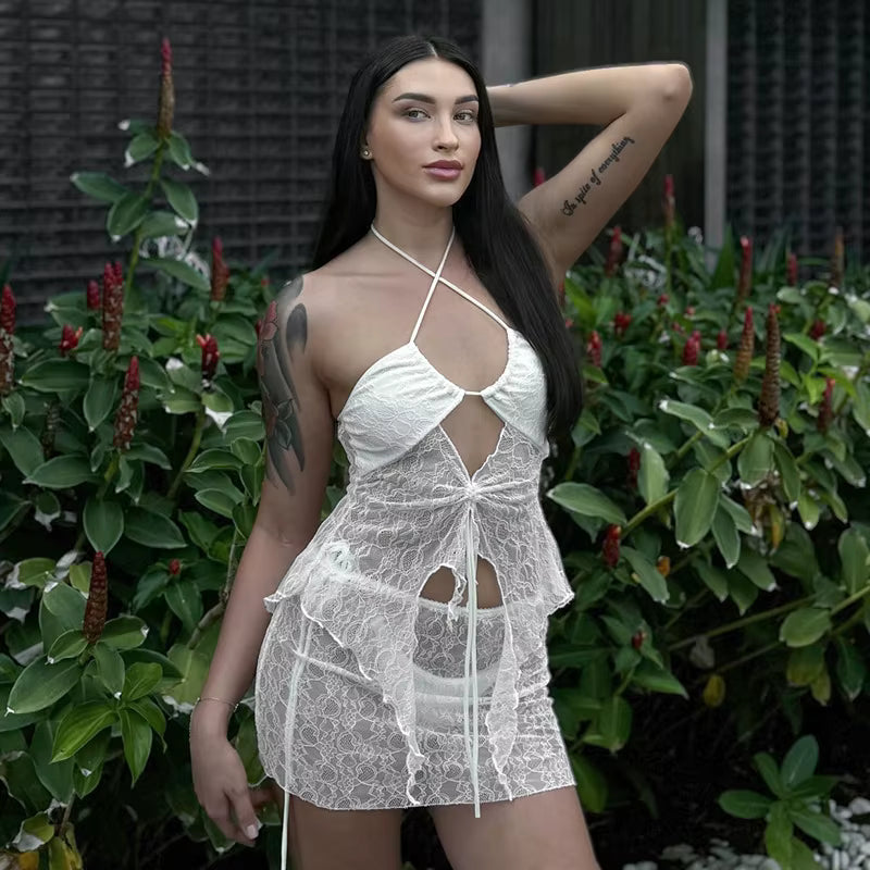 Lace Halter Hanging Neck Hollow Out Beach Holiday Mini Dress Two Piece Set