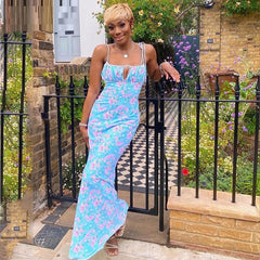 Lace Up Sleeveless Printed Long Beach Party Dress