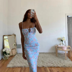 Lace Up Sleeveless Printed Long Beach Party Dress