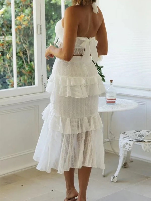 Lace Up Tiered Sleeveless Midi Party Dress