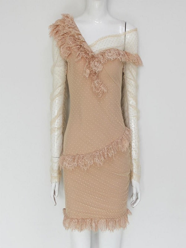 Asymmetrical Lace Off Shoulder Frill Mesh Bandage Party Mini Dress