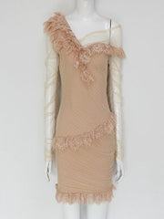 Asymmetrical Lace Off Shoulder Frill Mesh Bandage Party Mini Dress
