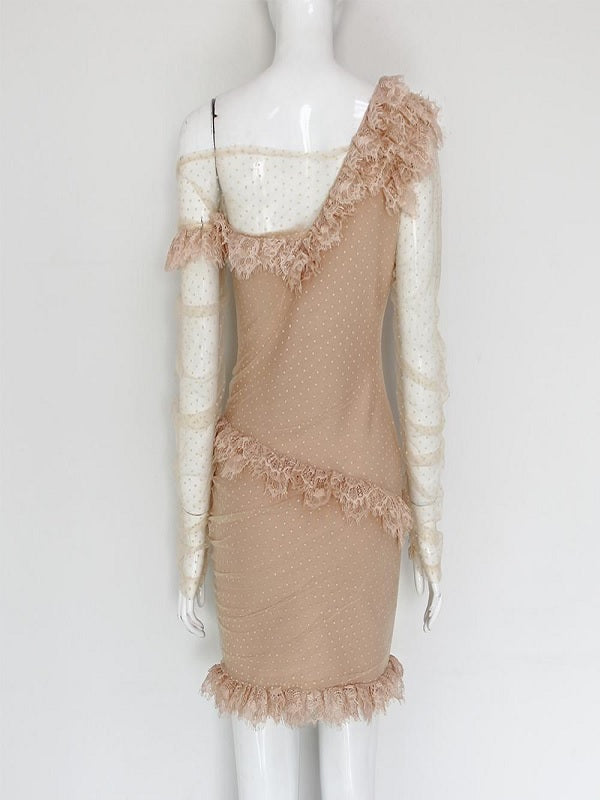 Asymmetrical Lace Off Shoulder Frill Mesh Bandage Party Mini Dress
