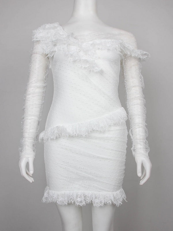 Asymmetrical Lace Off Shoulder Frill Mesh Bandage Party Mini Dress