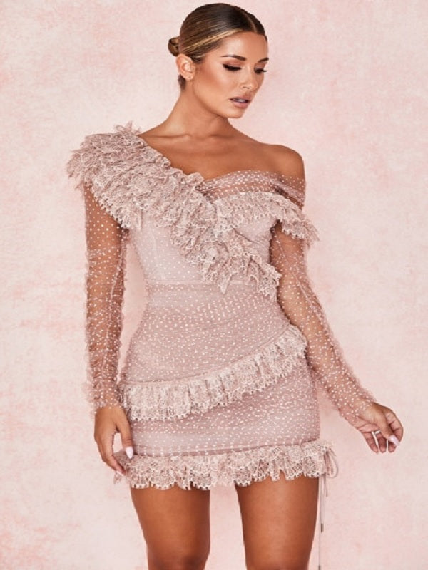 Asymmetrical Lace Off Shoulder Frill Mesh Bandage Party Mini Dress