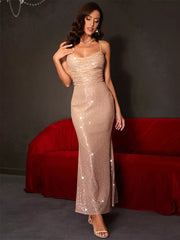 Elegant Lace-up Ruched Spaghetti Straps Sparkly Sequin Maxi Dress