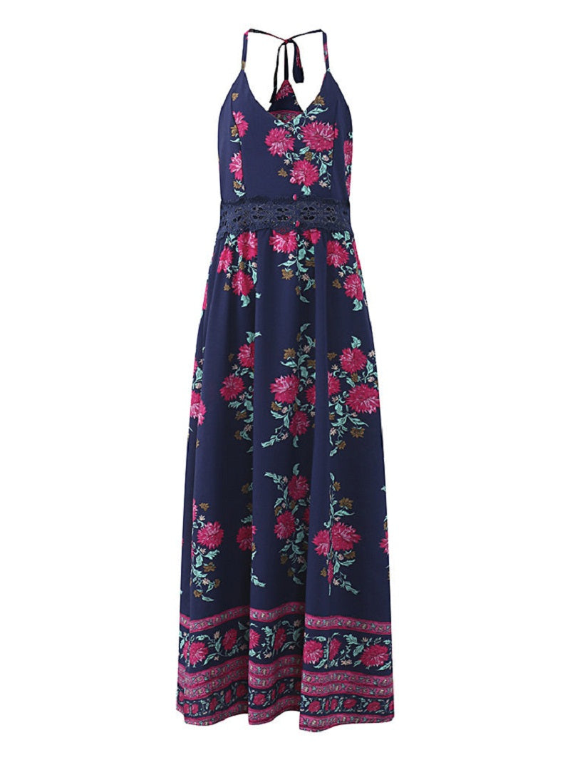 Lady bohemian spaghetti strap useless printed maxi dress