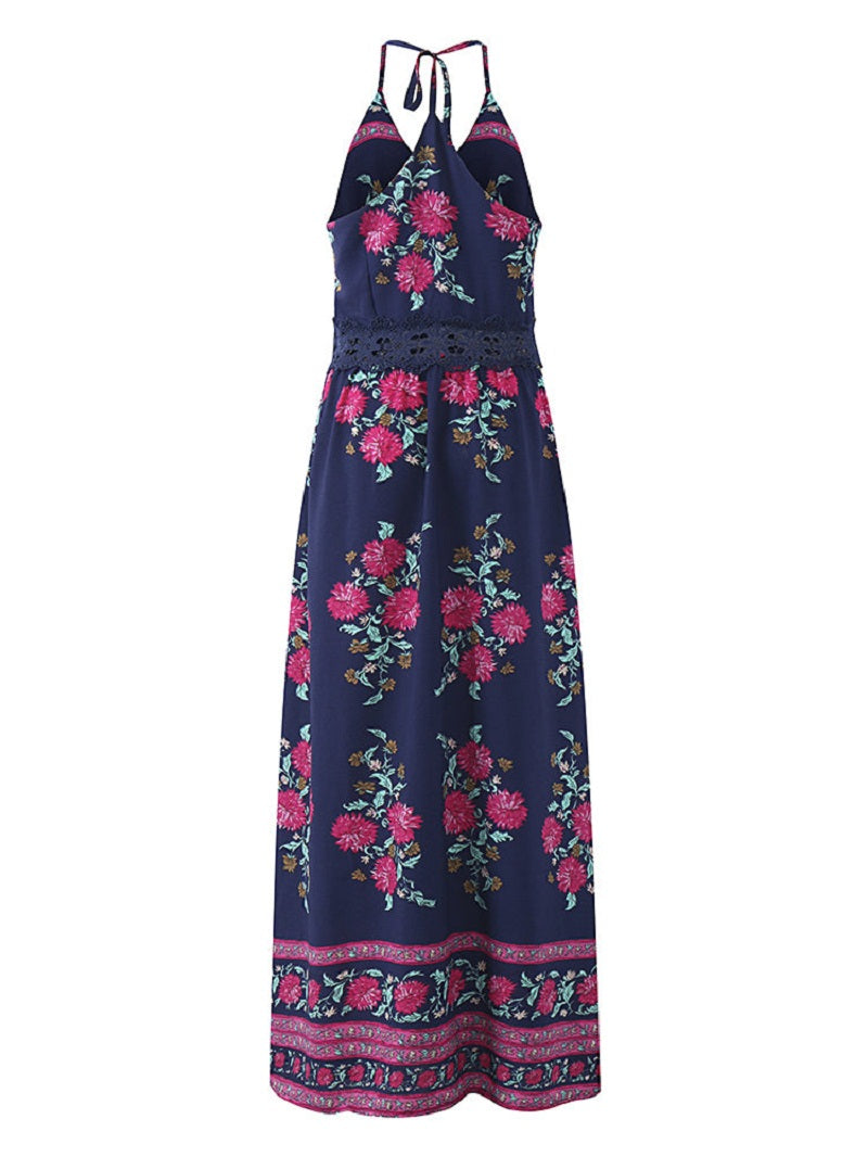 Lady bohemian spaghetti strap useless printed maxi dress