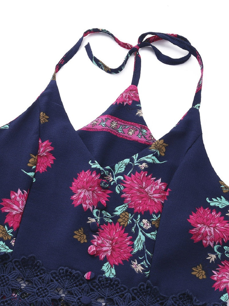 Lady bohemian spaghetti strap useless printed maxi dress