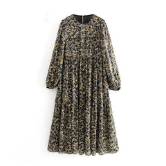 Lantern Long Sleeve Loose Pleated Casual Floral Print Dress