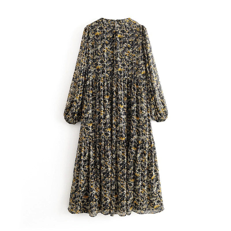 Lantern Long Sleeve Loose Pleated Casual Floral Print Dress