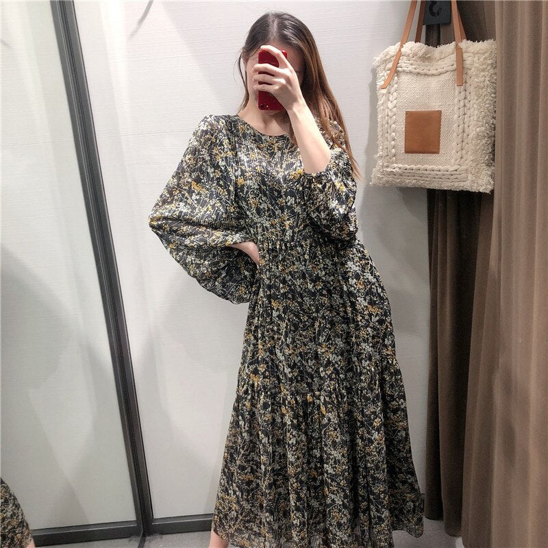 Lantern Long Sleeve Loose Pleated Casual Floral Print Dress