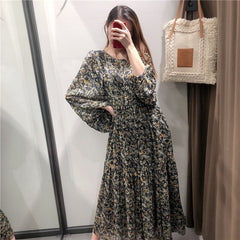 Lantern Long Sleeve Loose Pleated Casual Floral Print Dress