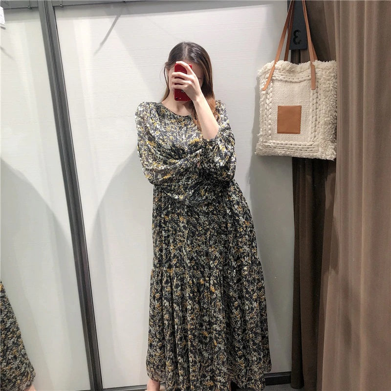 Lantern Long Sleeve Loose Pleated Casual Floral Print Dress