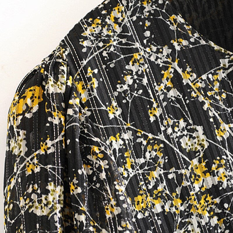 Lantern Long Sleeve Loose Pleated Casual Floral Print Dress