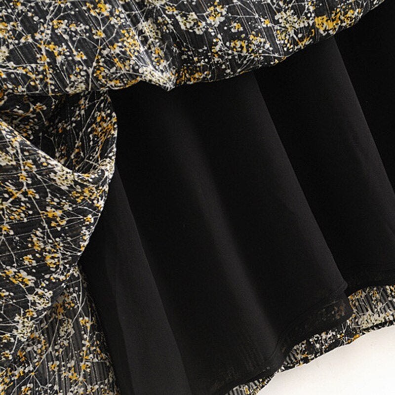 Lantern Long Sleeve Loose Pleated Casual Floral Print Dress