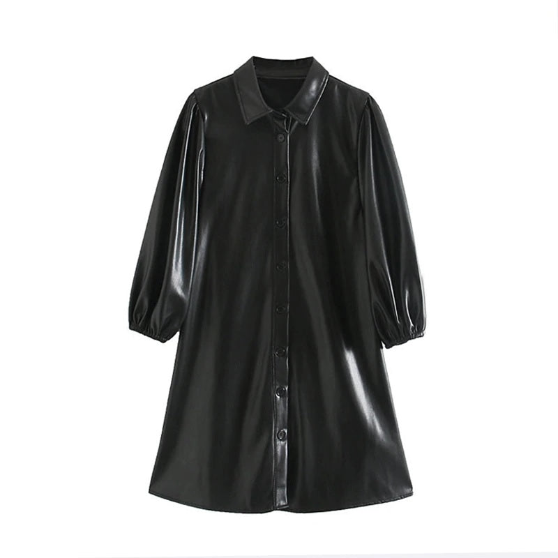Casual Lantern Long Sleeve Street Wear PU Leather Mini Dress