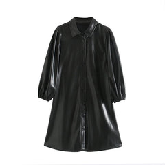 Casual Lantern Long Sleeve Street Wear PU Leather Mini Dress
