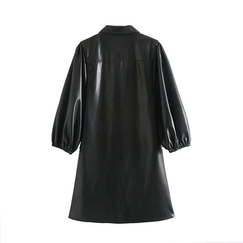 Casual Lantern Long Sleeve Street Wear PU Leather Mini Dress