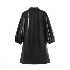 Casual Lantern Long Sleeve Street Wear PU Leather Mini Dress