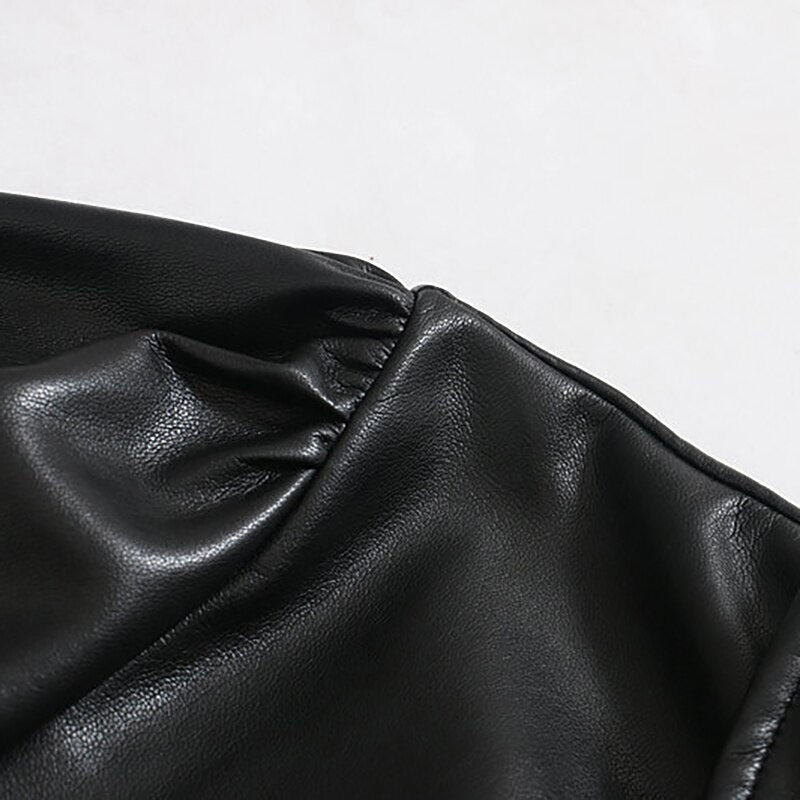 Casual Lantern Long Sleeve Street Wear PU Leather Mini Dress