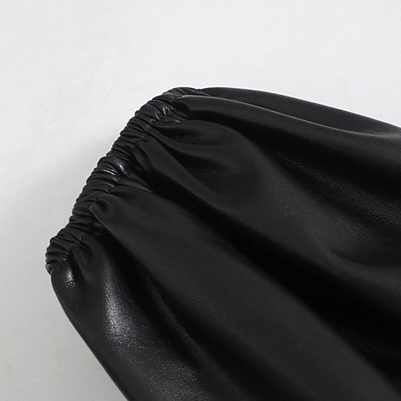 Casual Lantern Long Sleeve Street Wear PU Leather Mini Dress