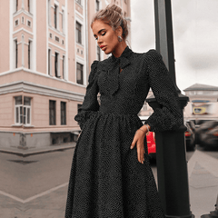 Lantern sleeve tie neck long dresses