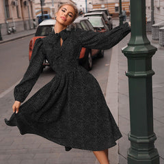 Lantern sleeve tie neck long dresses