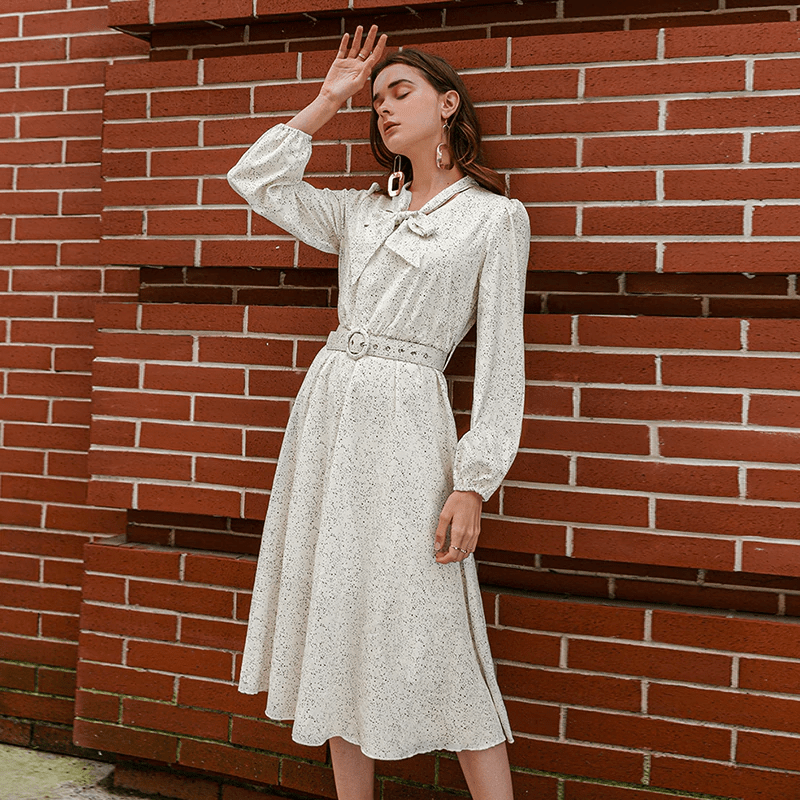 Lantern sleeve tie neck long dresses