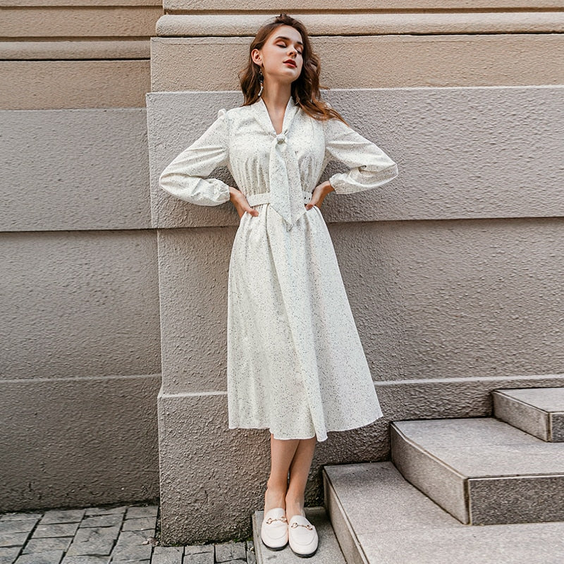 Lantern sleeve tie neck long dresses