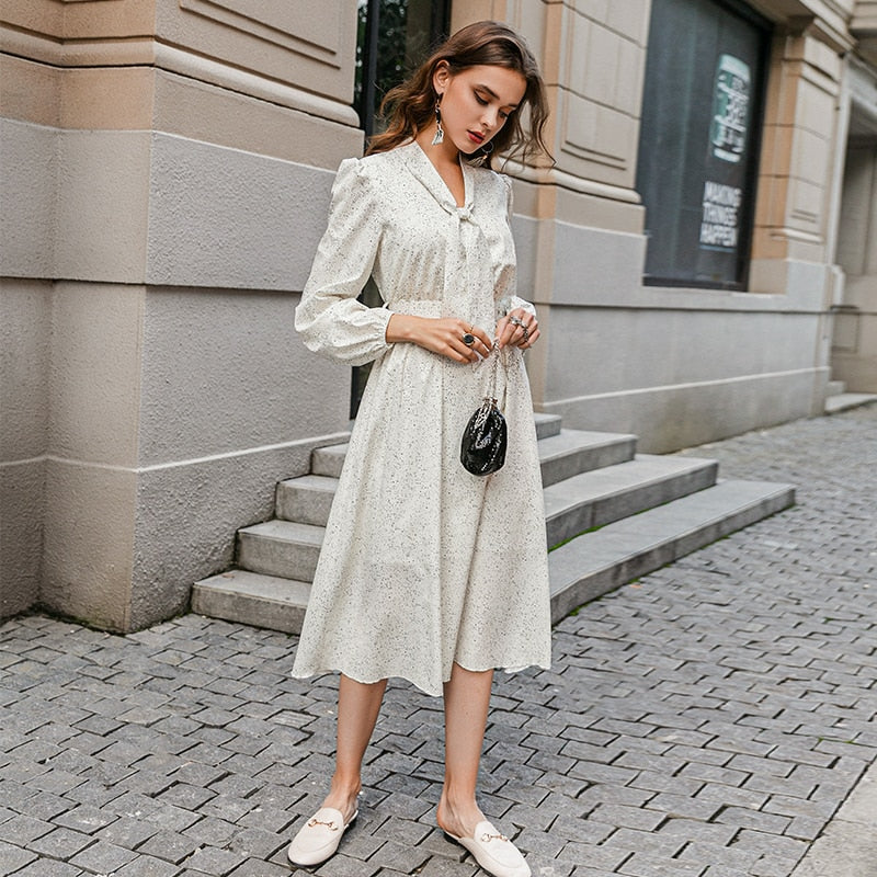 Lantern sleeve tie neck long dresses