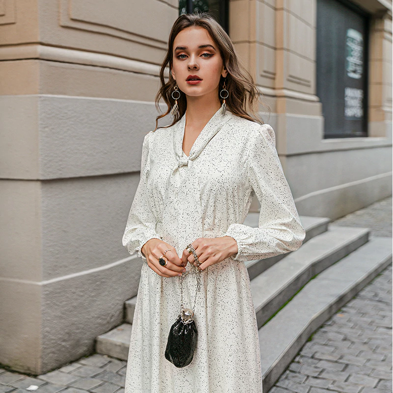 Lantern sleeve tie neck long dresses