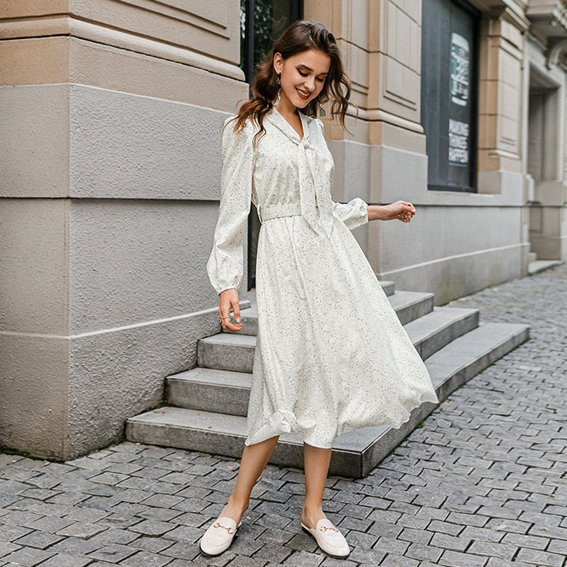 Lantern sleeve tie neck long dresses