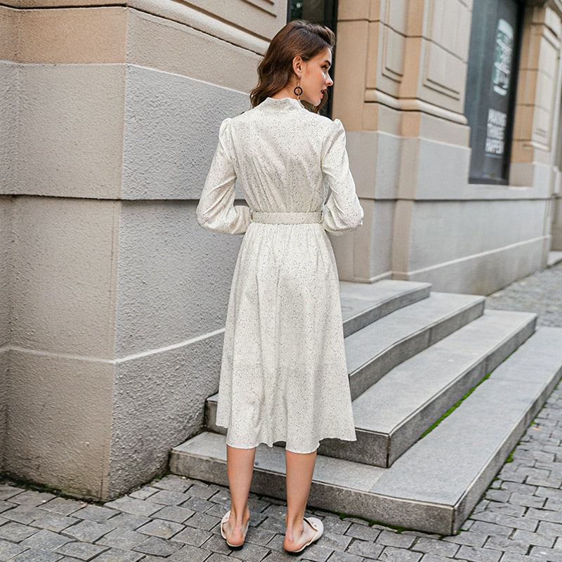 Lantern sleeve tie neck long dresses