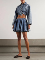 Lapel Long Sleeve Spliced Zipper Coat High Waist Mini Skirt Two Piece Set
