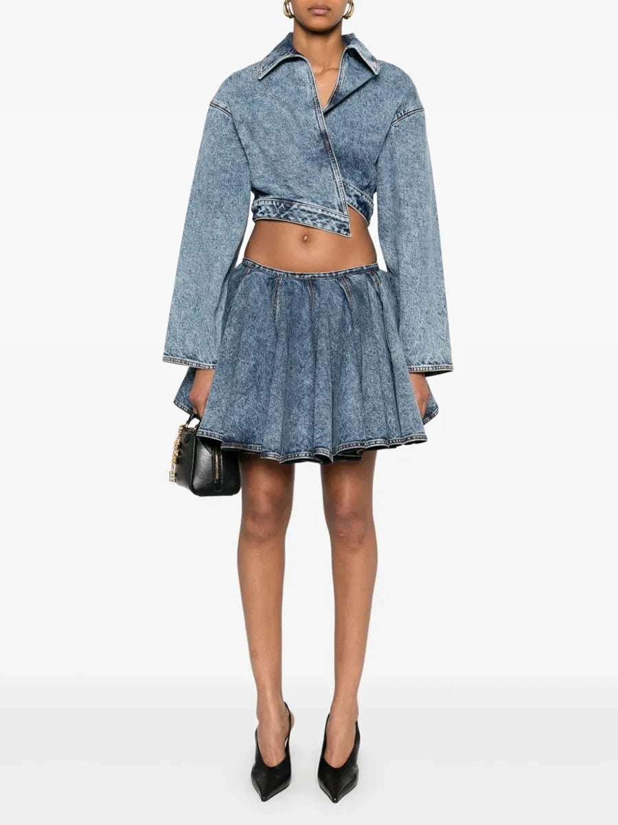 Lapel Long Sleeve Spliced Zipper Coat High Waist Mini Skirt Two Piece Set