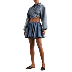 Lapel Long Sleeve Spliced Zipper Coat High Waist Mini Skirt Two Piece Set